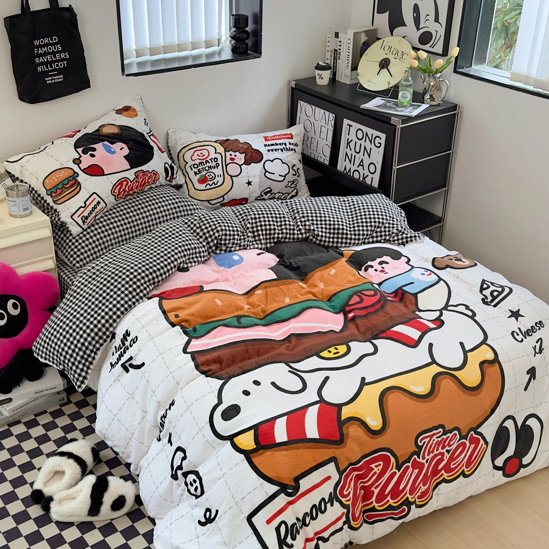 【富士商店】原创二次元汉堡小新牛奶绒四件套大版数码宿舍套件