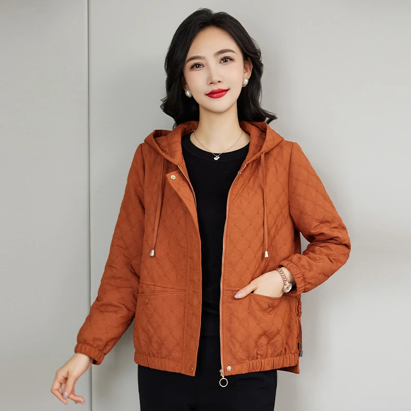 中老年小个子妈妈春女装2025新款秋冬装连帽薄棉衣外套休闲阔太太