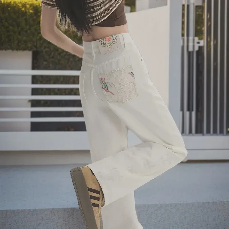 【200品质】夏季新中式刺绣牛仔裤女薄款高腰显瘦时尚窄版阔腿裤女