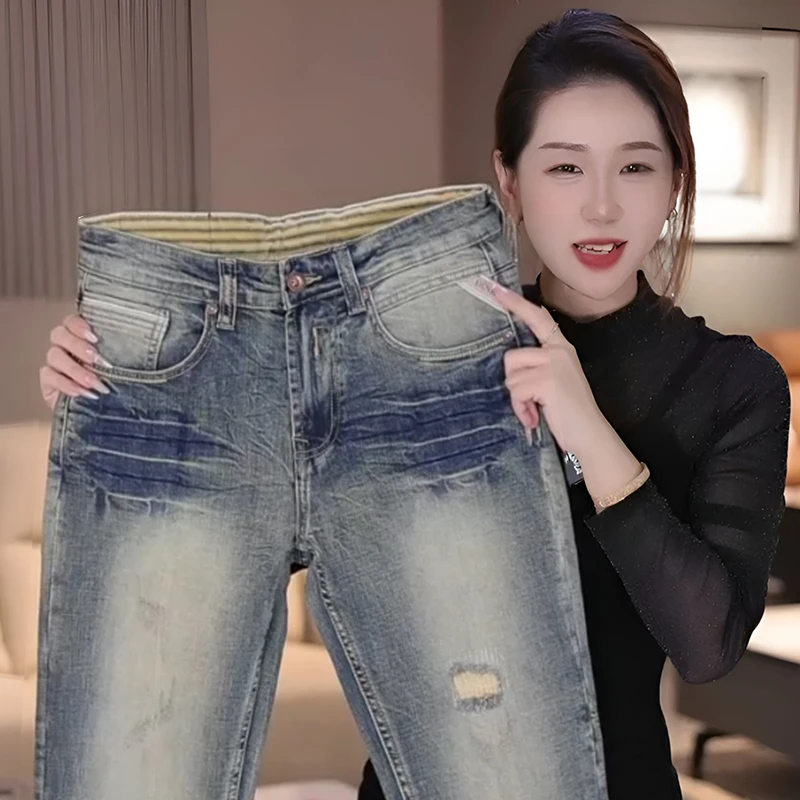 男士美式复古秋冬弹力牛仔裤男潮流百搭修身水洗小直筒裤子男