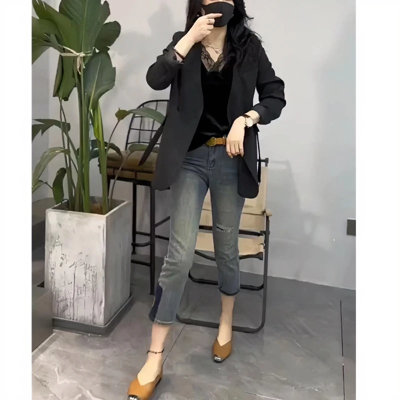 2024春季新款梨形身材微胖穿搭大码女装九分直筒显瘦烟管牛仔裤女