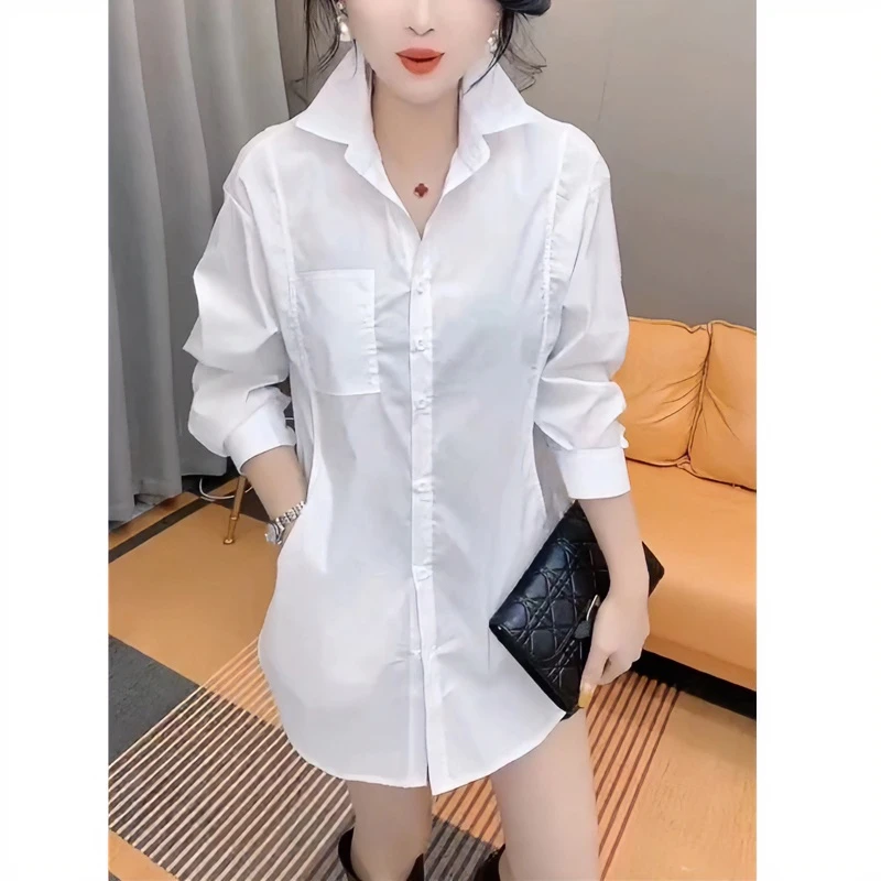 衬衫女长袖2024春季新款白色韩范中长款韩版翻领休闲显瘦衬衣气质