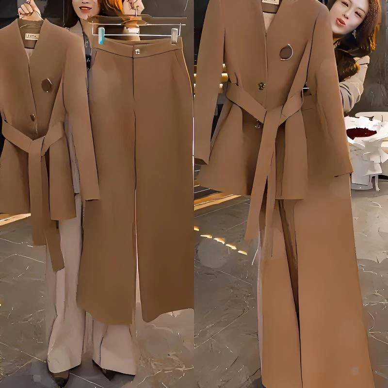 时尚轻奢2024秋冬高级感小众别致显瘦长袖外套阔腿裤两件套女神范
