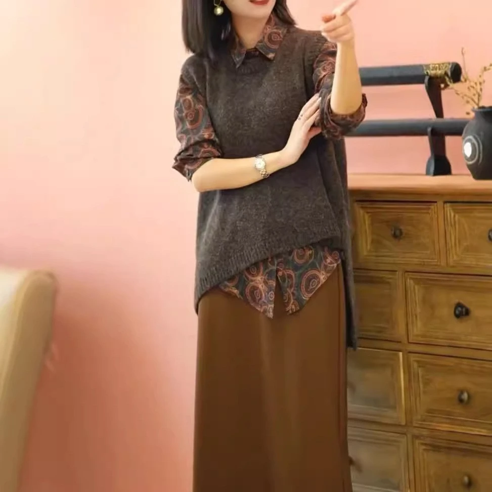 设计感休闲气质长袖衬衫女秋季新款小衫宽松上衣半身裙毛衣女秋冬