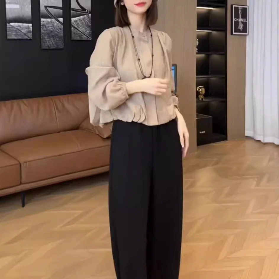 法式长袖衬衫套装女2024早秋新款高级感减龄小衫高腰哈伦裤两件套