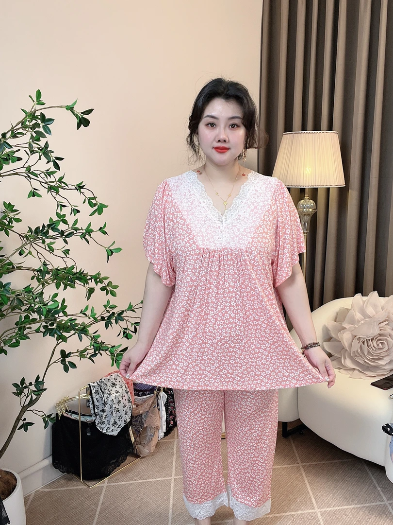 莫代尔大码睡衣家居蕾丝甜美春秋宽松青年v领
