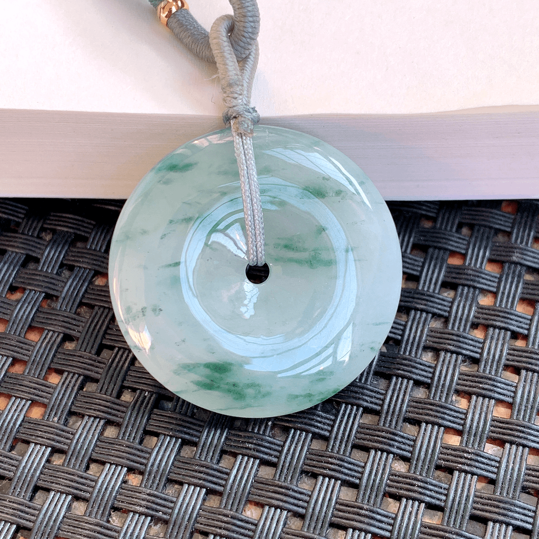 缅甸天然翡翠A货老坑冰糯种起胶飘蓝花平安扣吊坠时尚百搭精美