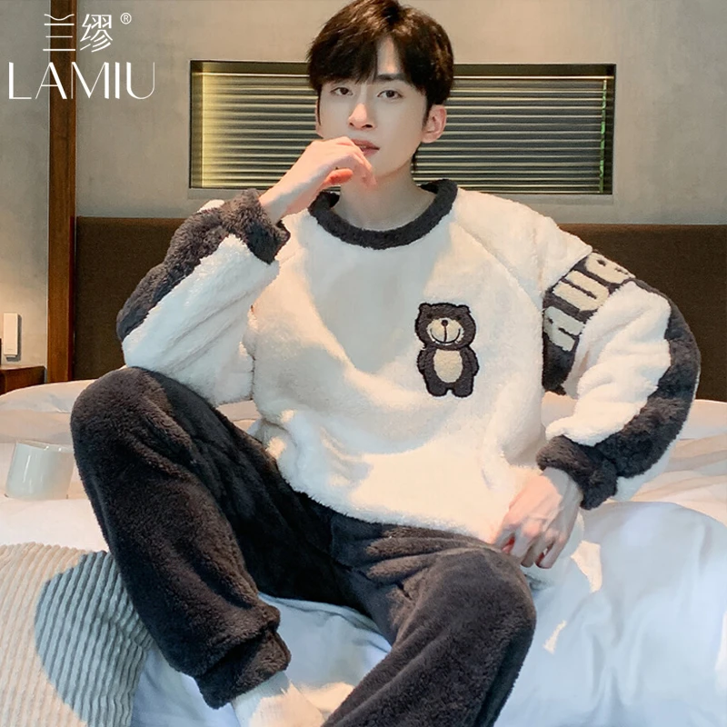 兰缪珊瑚绒男士睡衣秋冬季新款2024爆款加厚加绒网红款男生家居服