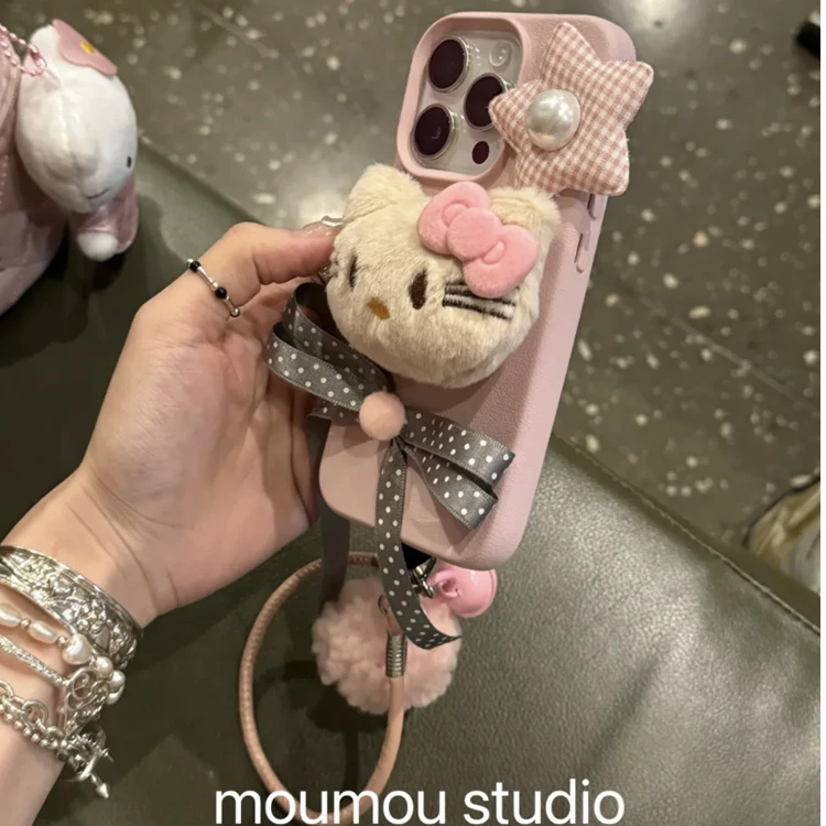 皮纹立体猫咪蝴蝶结适用于苹果16promax手机壳15卡通14手提13女12