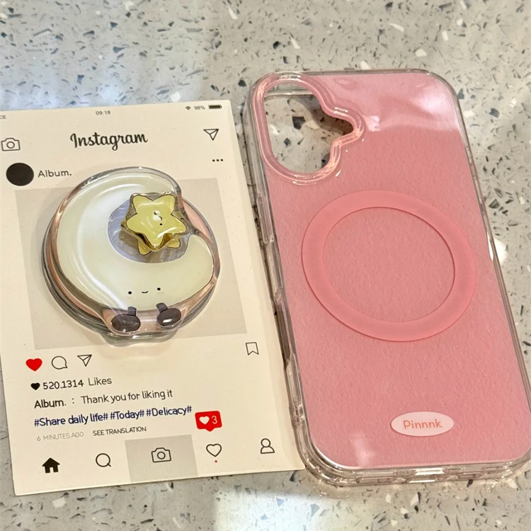 简约粉色月亮星星转转适用iPhone16promax手机壳15pro支架14新13