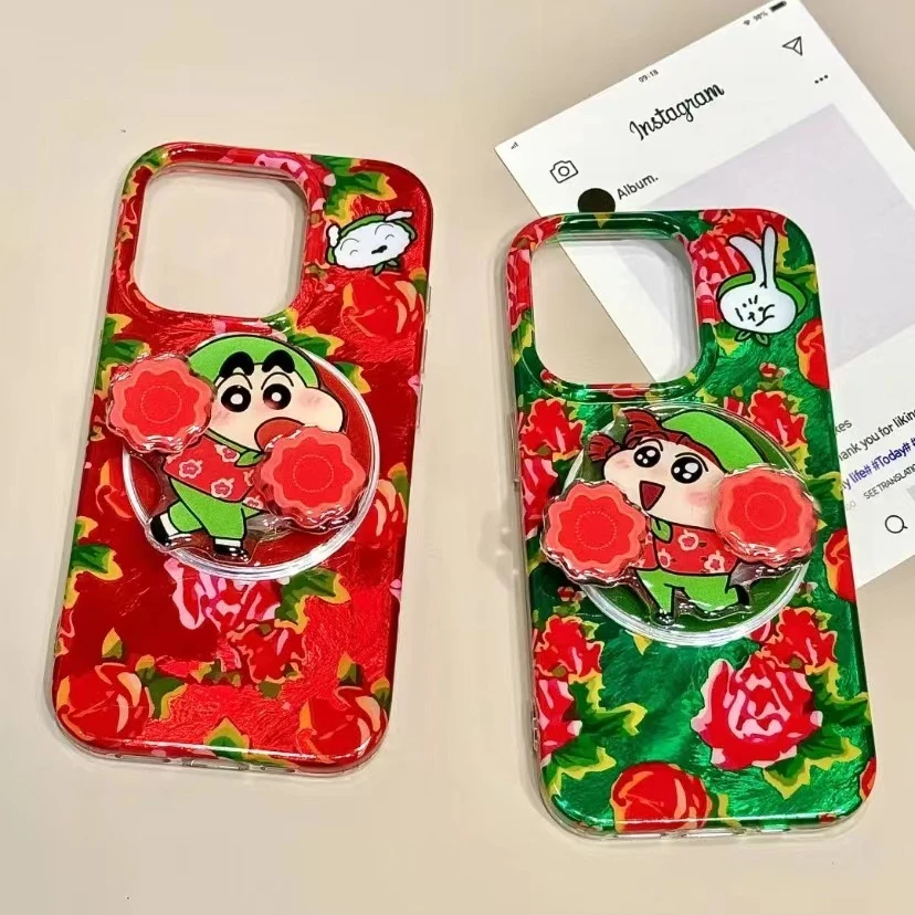 花朵小新妮妮旋转手绢磁吸支架适用苹果16pro手机壳iPhone15趣味