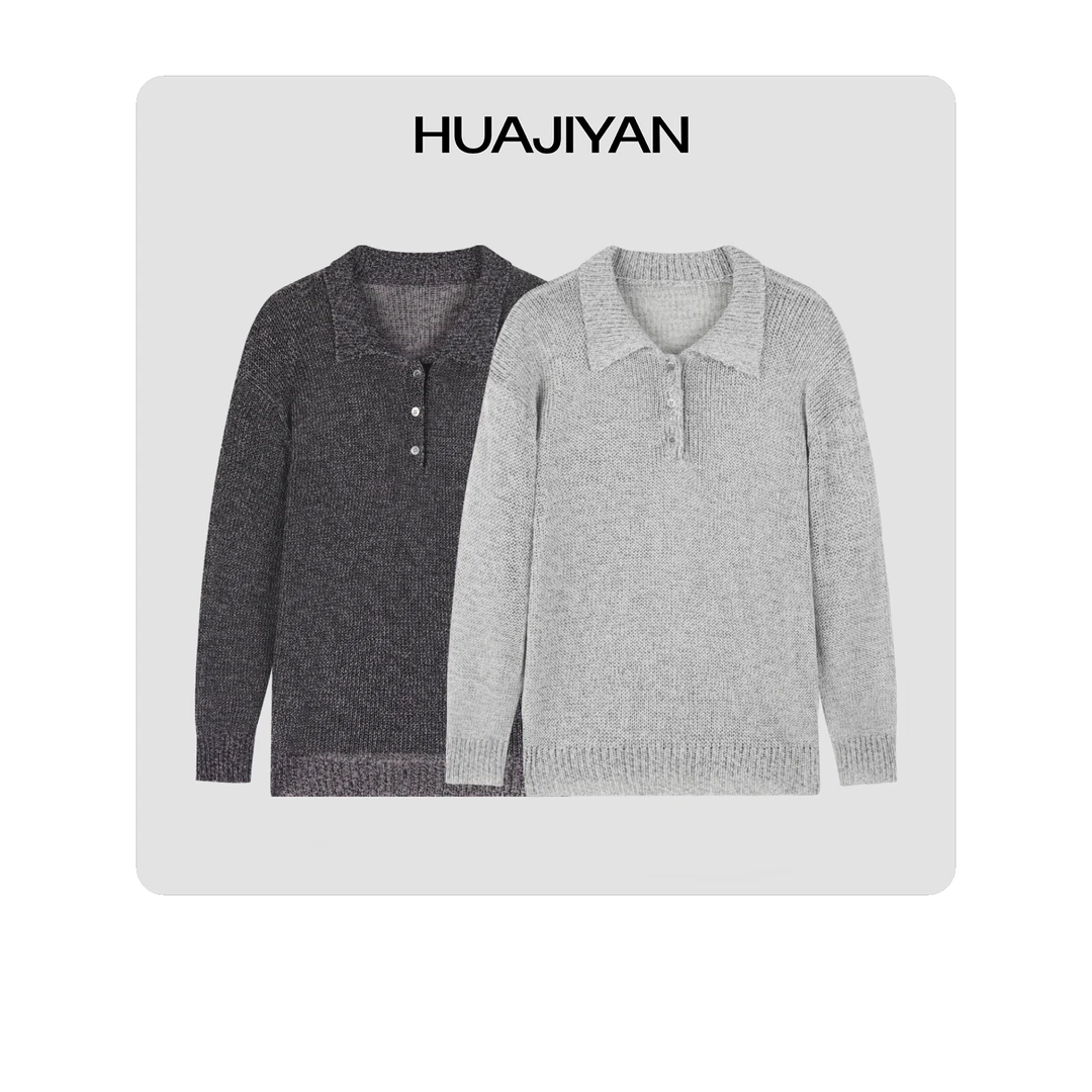 华吉言/HUAJIYAN【紫烟】定制撞色花纱翻领针织衫