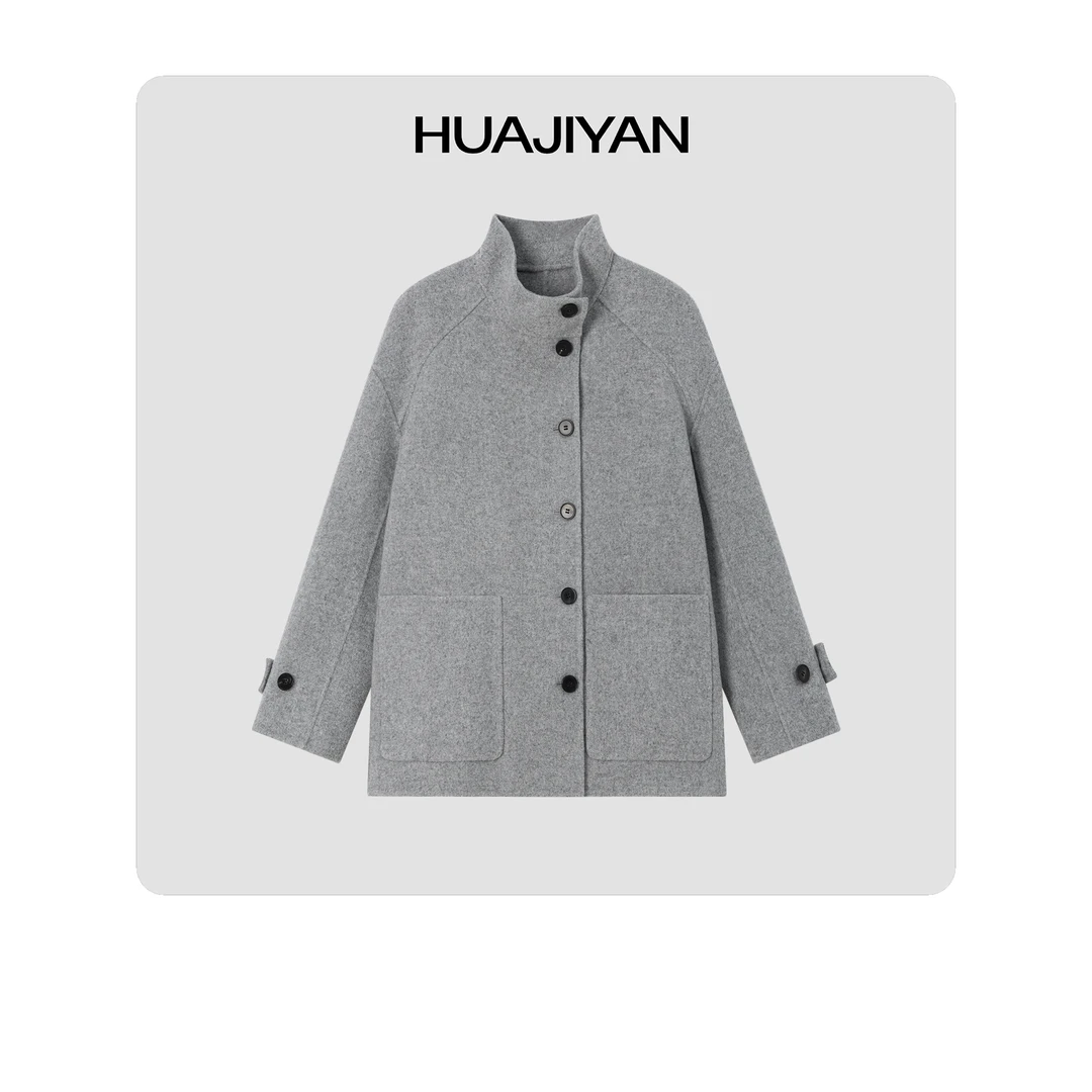 华吉言/HUAJIYAN【旧金山】100羊毛立领百搭舒适宽松版毛呢外套