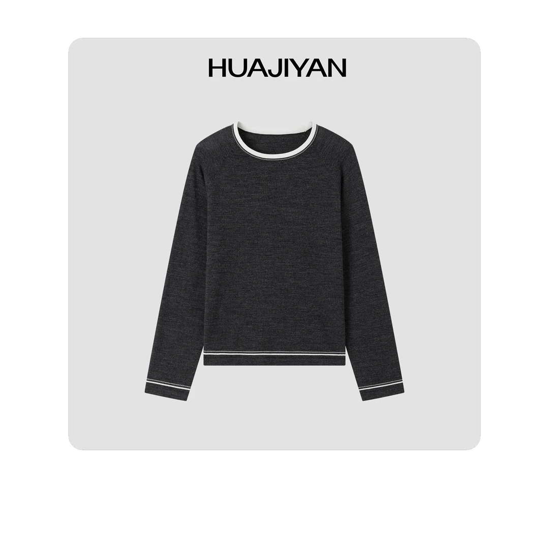 华吉言/HUAJIYAN【下划线】100美丽诺羊毛定纺定染撞色圆领百针织衫