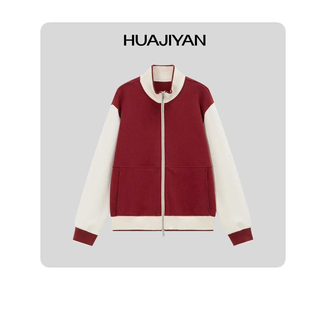 华吉言/HUAJIYAN【起跑线】撞色拼接百搭设计感立领宽松外套