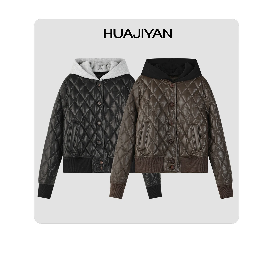 华吉言HUAJIYAN 【弓箭手】连帽菱格纹绵羊皮鹅绒服