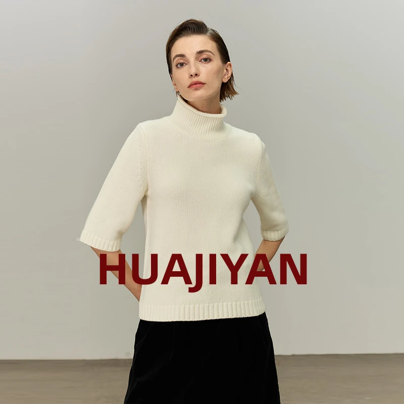 华吉言/HUAJIYAN【简爱】100羊毛柔软舒适中高领百搭中袖毛衣