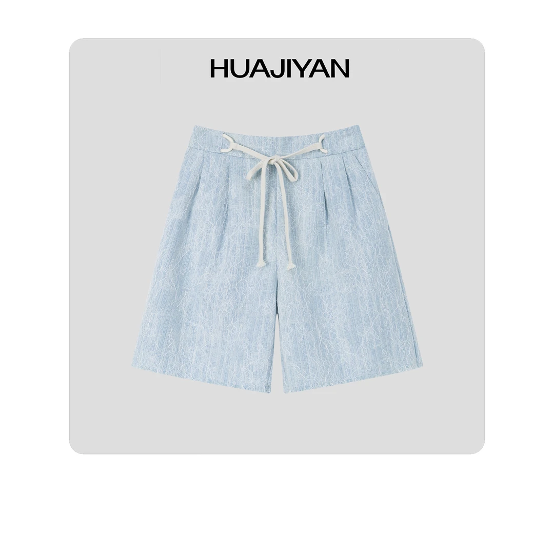 华吉言/HUAJIYAN【白日梦】定制蕾丝牛仔立体手工毛边休闲短裤