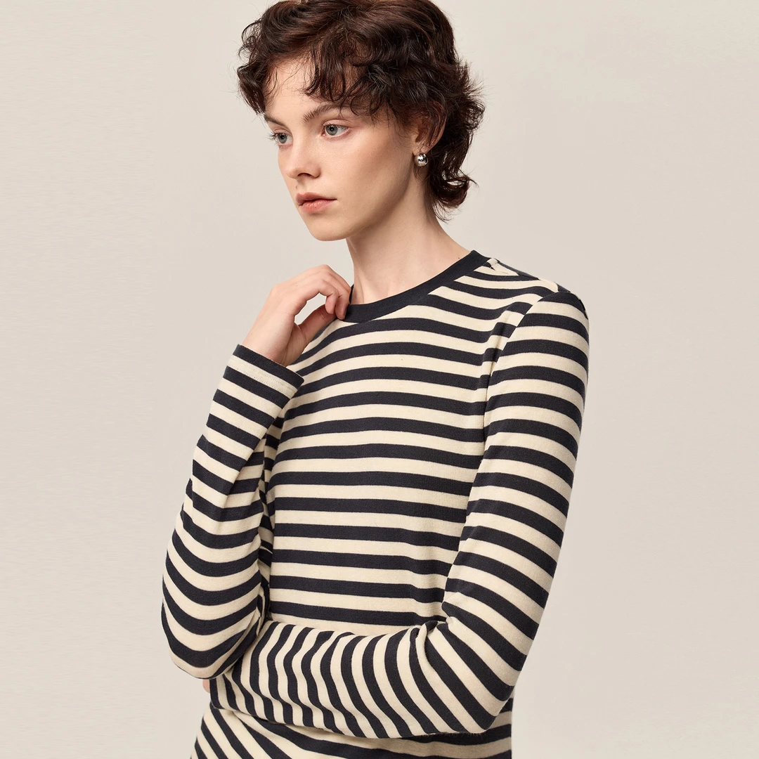 华吉言/HUAJIYAN【钢琴键】天丝羊毛丝滑柔顺百搭条纹针织圆领T