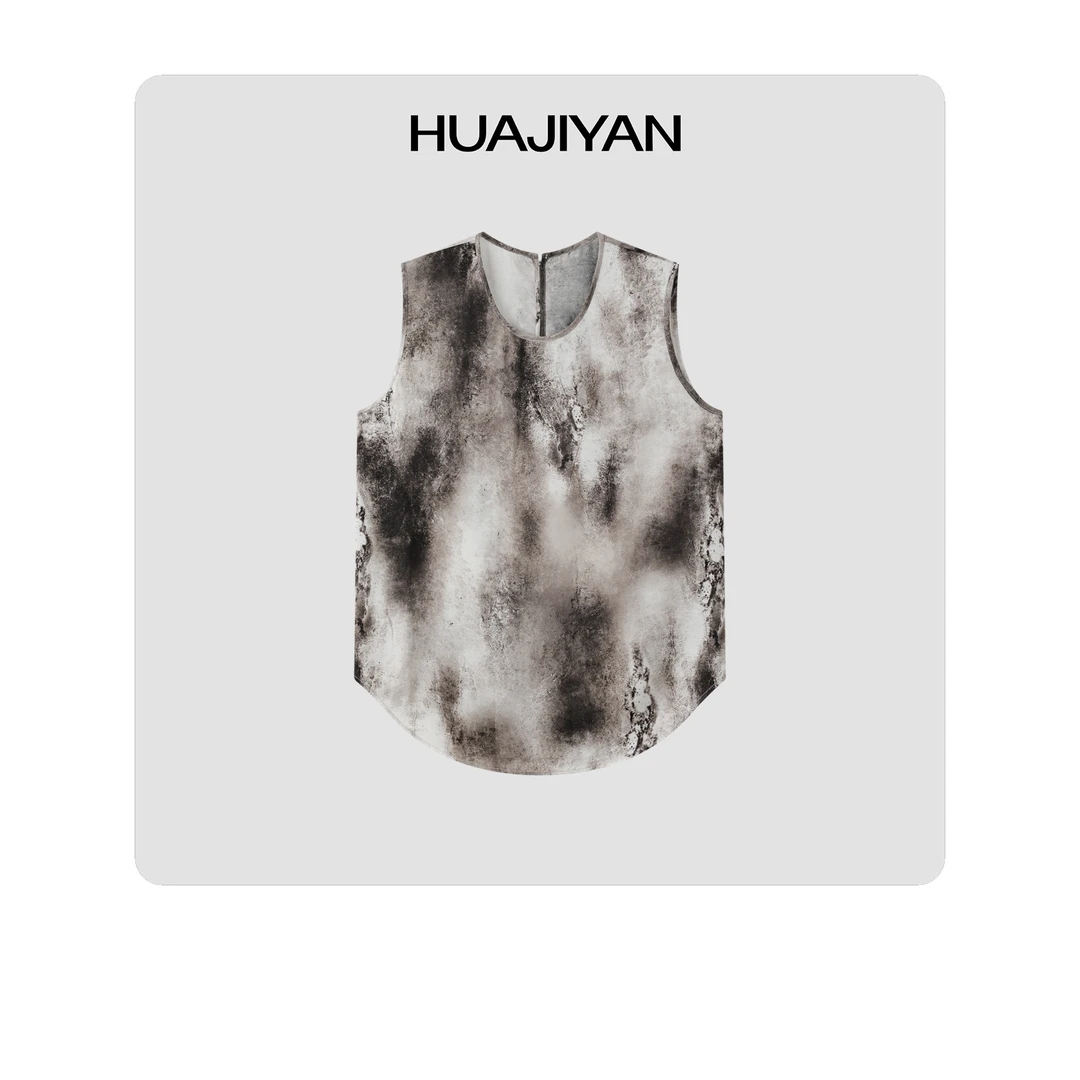 华吉言/HUAJIYAN【书香遗墨】水墨印花舒适凉感桑蚕丝醋酸无袖背心