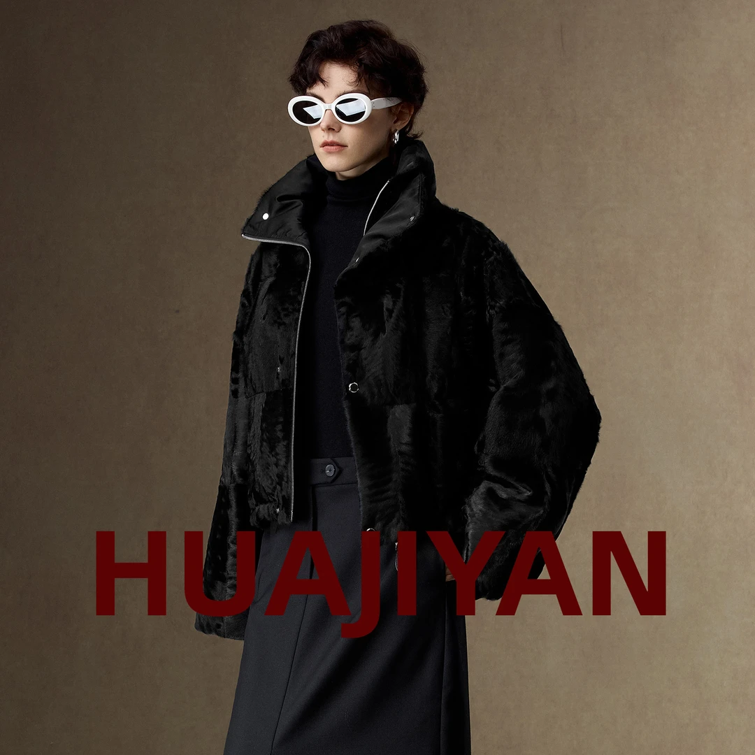 华吉言/HUAJIYAN【孤星】稀有羊胎猾子毛龟背夹绒立领鹅绒外套