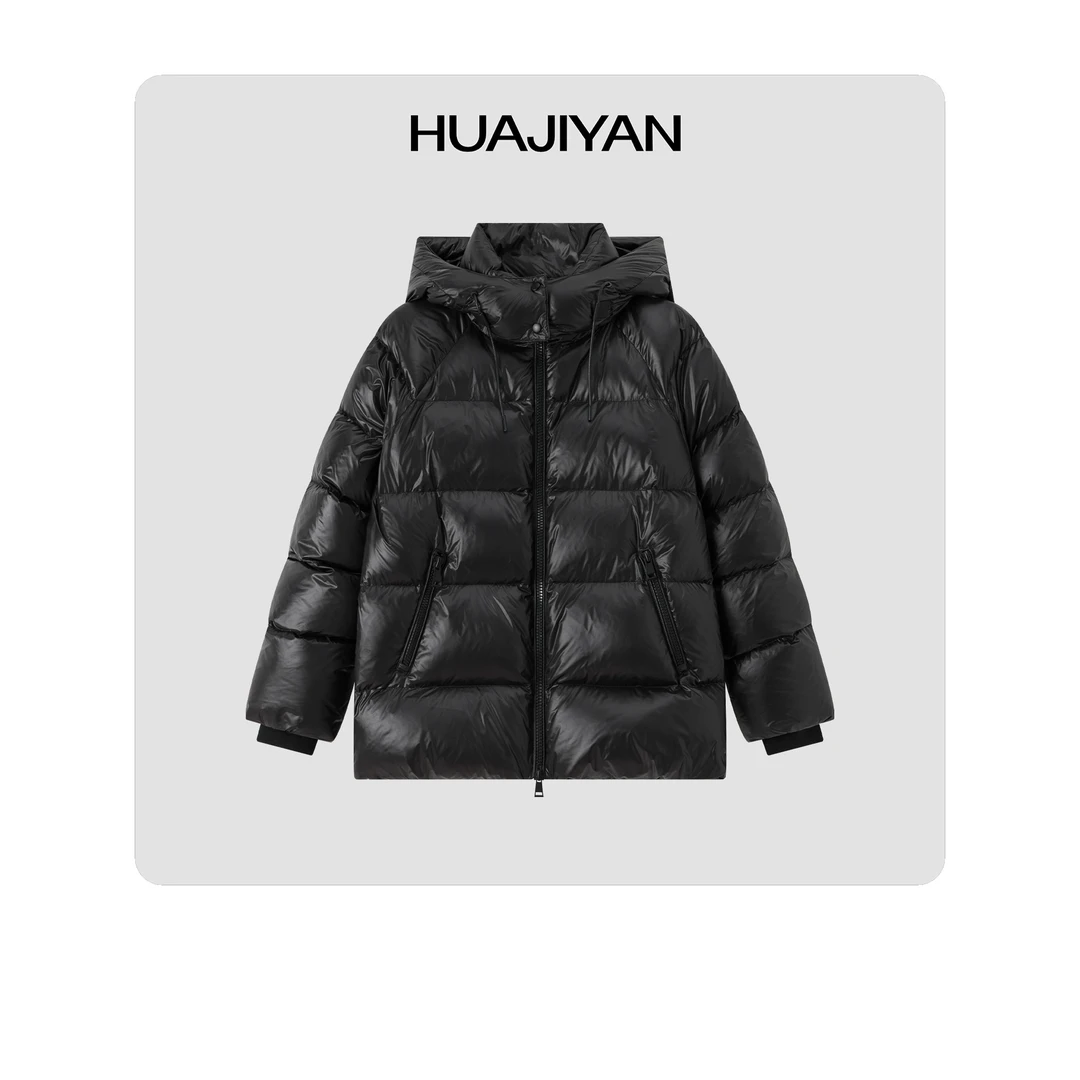 华吉言/HUAJIYAN【黑布林】90鹅绒立裁可拆卸帽子经典亮面鹅绒服