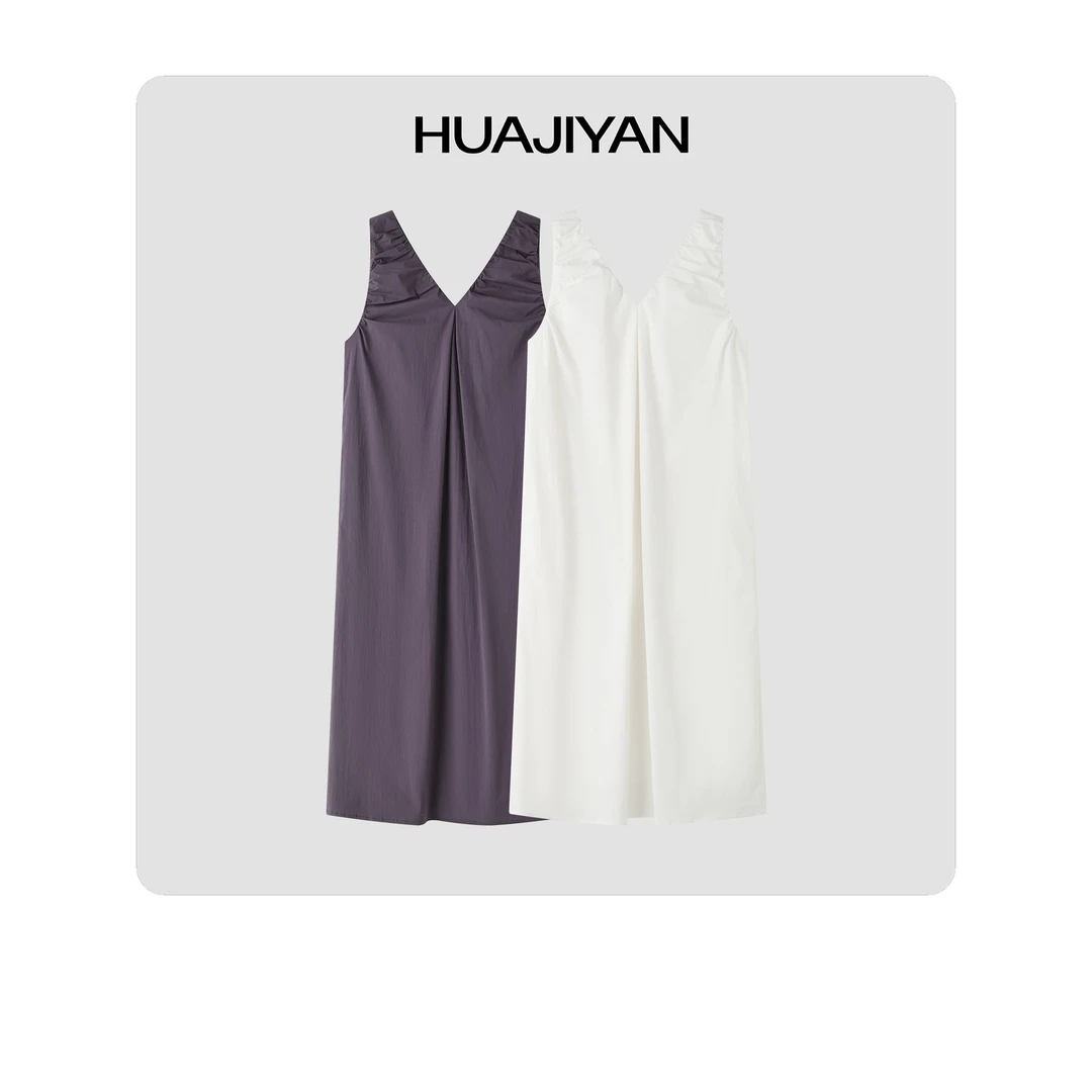 华吉言/HUAJIYAN【风信子】小众设计褶皱V领显瘦背心连衣裙
