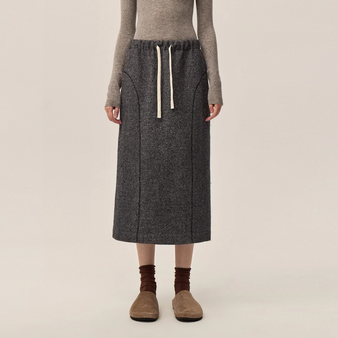 华吉言/HUAJIYAN【肖邦】羊毛肌理感摩登复古经典直筒半裙