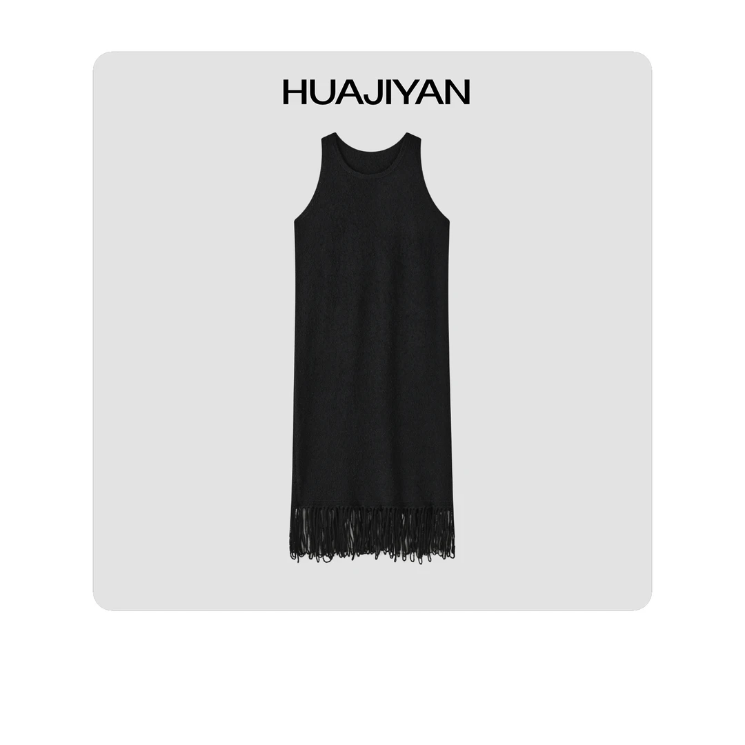 华吉言HUAJIYAN 【夜曲】设计感针织流苏背心连衣裙