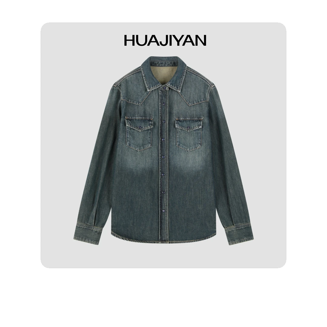 华吉言/HUAJIYAN 【暮霭牛仔】水洗做旧感牛仔衬衣