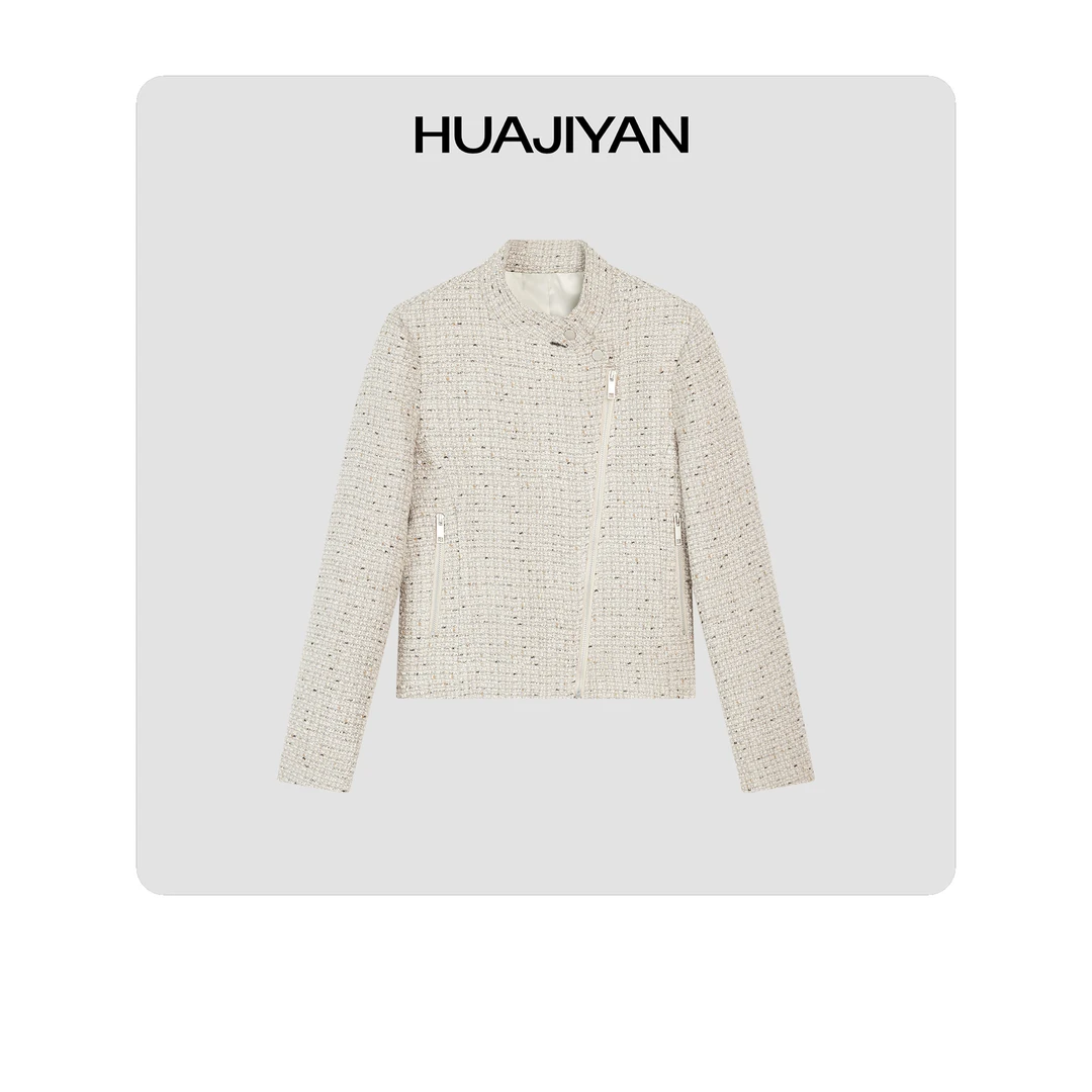 华吉言/HUAJIYAN 【香水】斜拉链显瘦羊..毛小香外套