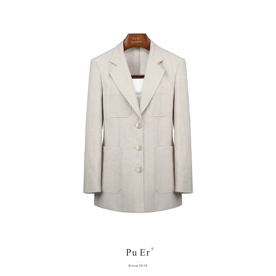 PUER复古雨露棉麻贴袋单西