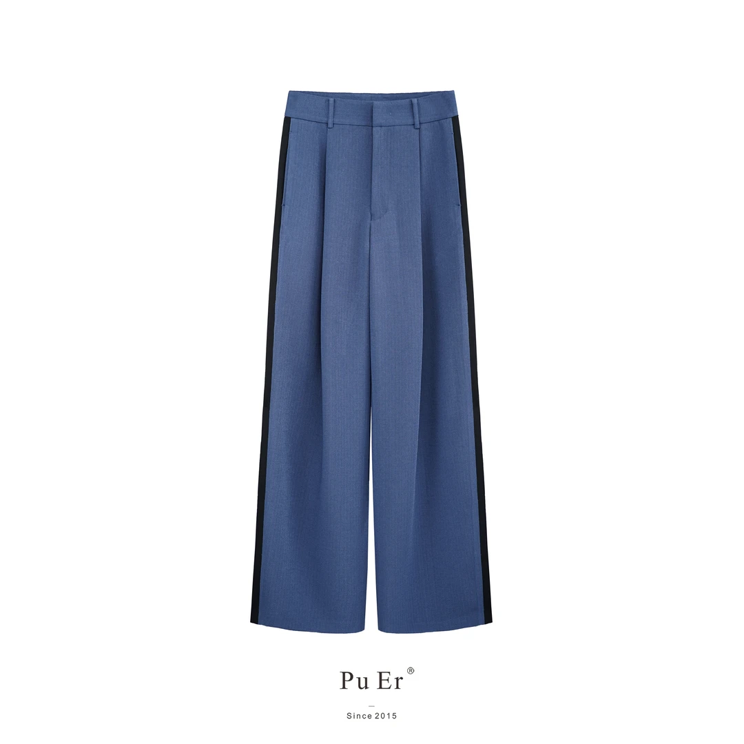 PUER雾蓝拼色立体单褶直筒裤