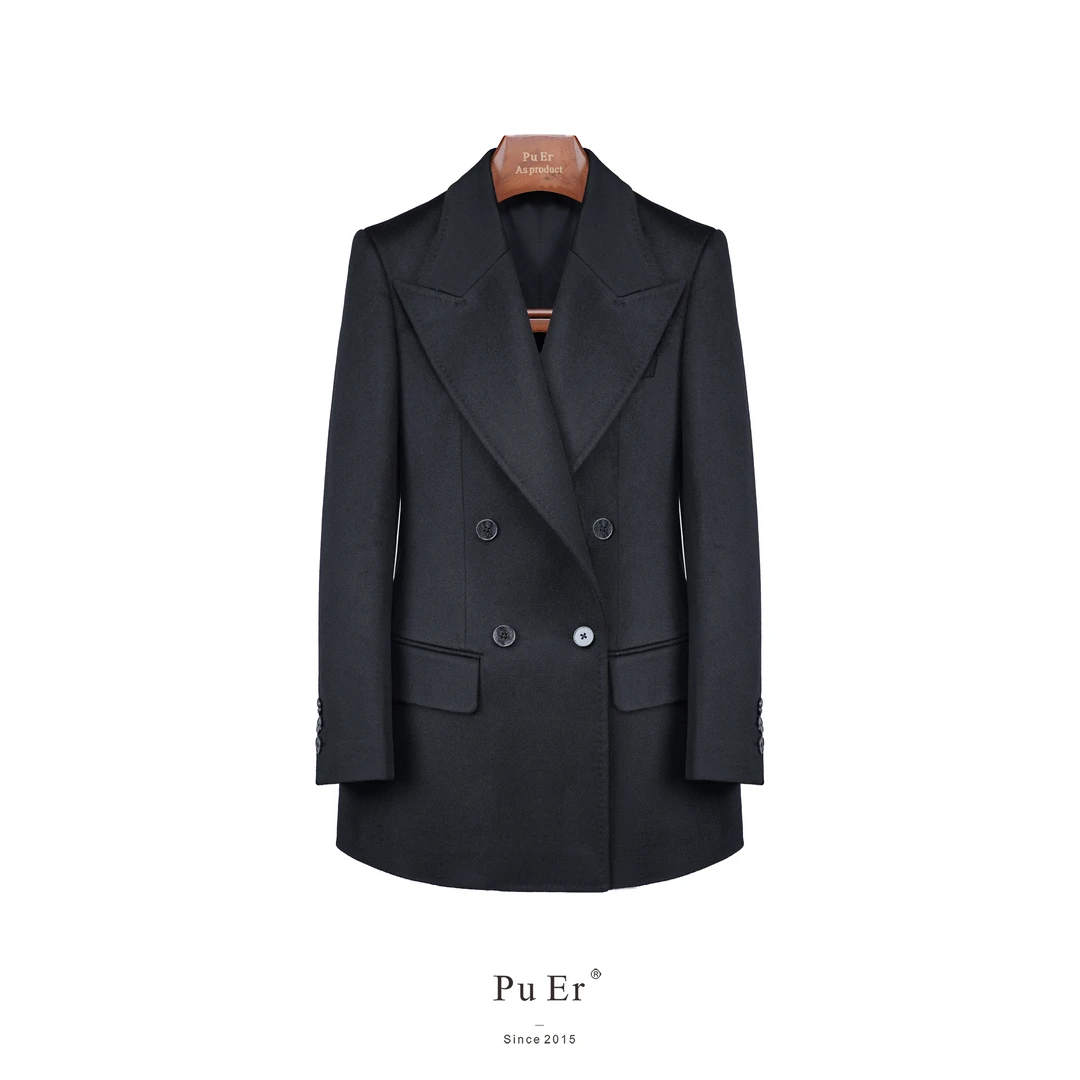 璞迩意大利进口黑色羊绒戗驳头双排长款西服
