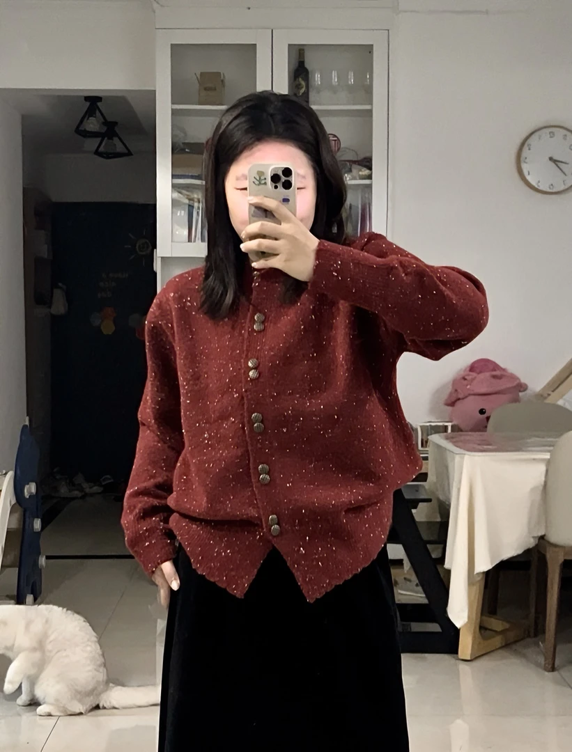 小黄大码女装女装洋气别致领百搭针织开衫小香风百搭红色毛衣潮