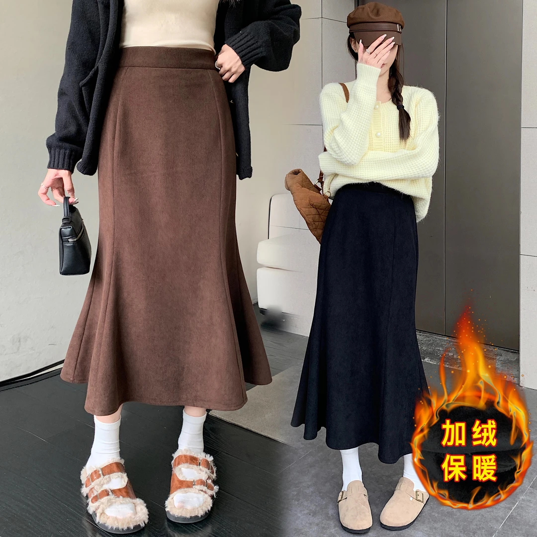 肉肉2311加绒加厚鱼尾裙女高腰包臀裙长款显瘦半身裙秋冬长裙大码