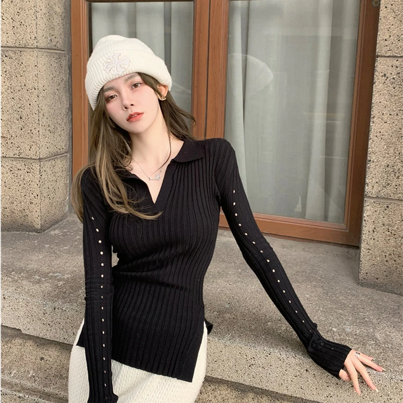 秋冬季洋气POLO领坑条针织打底衫明星同款修身开叉设计感上衣女