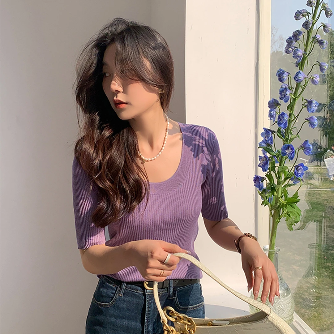 韩版夏季低圆领柔软曲珠冰丝针织衫短袖T恤上衣女款洋气修身显瘦