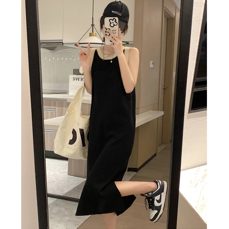 夏季新款宽松休闲条纹长款针织连衣裙女气质时尚无袖开叉连衣裙女