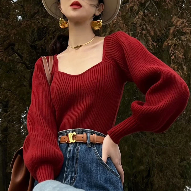 法式复古红色方领秋冬新款灯笼袖设计长袖针织衫女修身显瘦打底衫
