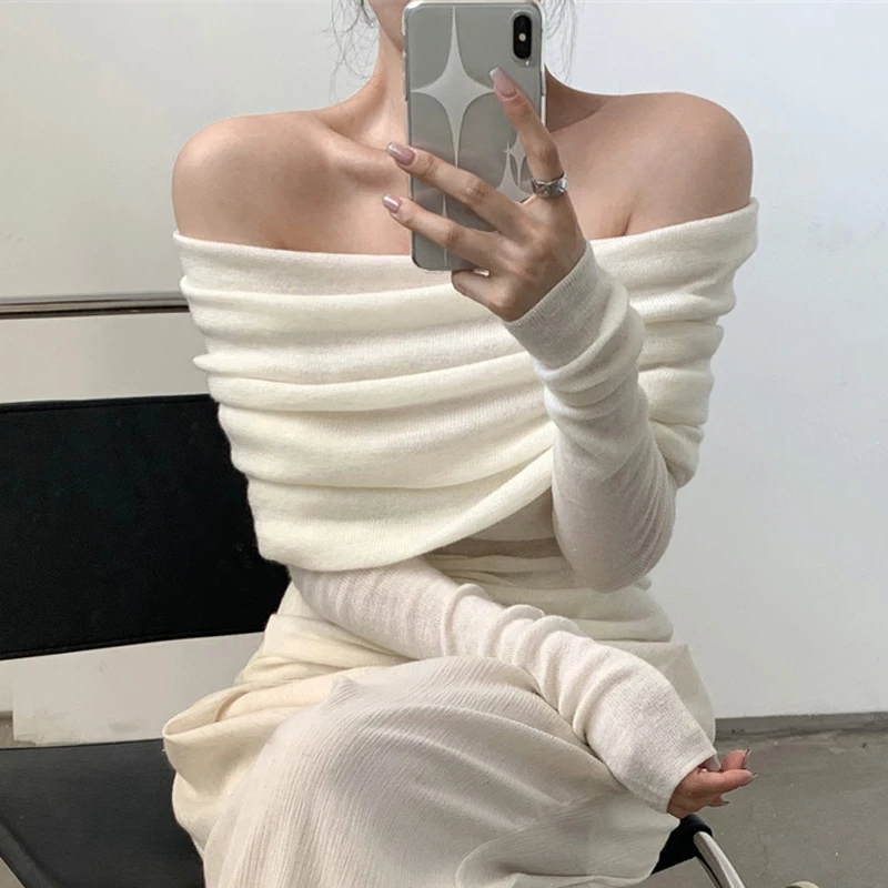 秋冬新款气质一字肩露肩长袖毛衣针织衫上衣女高级感洋气修身性感
