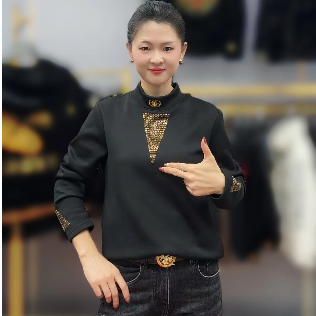 欧洲站冬季新款男士时尚潮流休闲烫钻刺绣圆领加绒保暖长袖打底衫