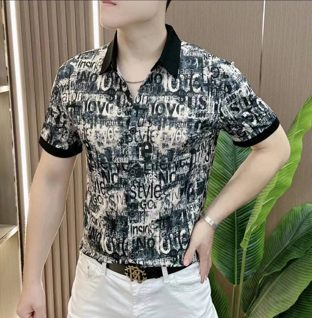 欧洲站  夏季新款潮流时尚帅气百搭冰丝满印男士休闲翻领衬衫短袖