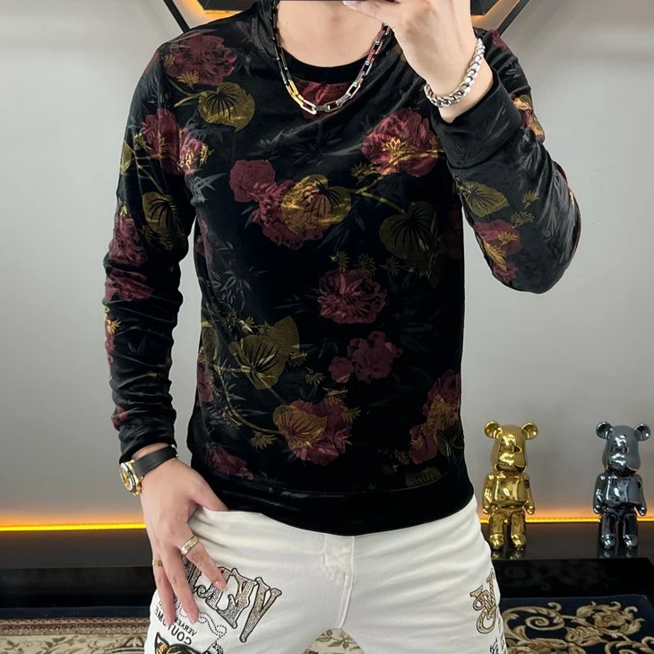 欧洲站秋季新款潮流帅气个性百搭男士长袖休闲圆领长袖丝绒卫衣男