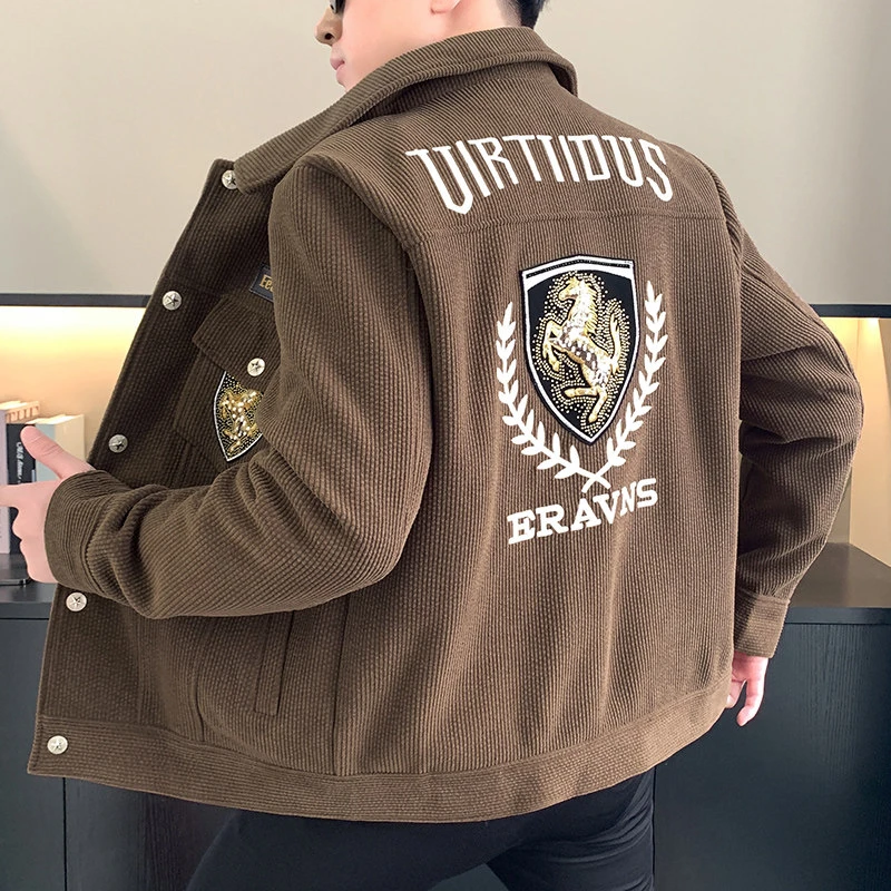 欧洲站秋冬男士时尚撞色外套休闲百搭上衣欧面绒欧刺绣版翻领夹克