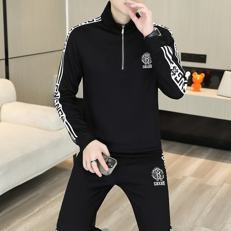 欧洲站春秋季新款男士潮流时尚帅气百搭修身休闲刺绣长袖卫衣套装