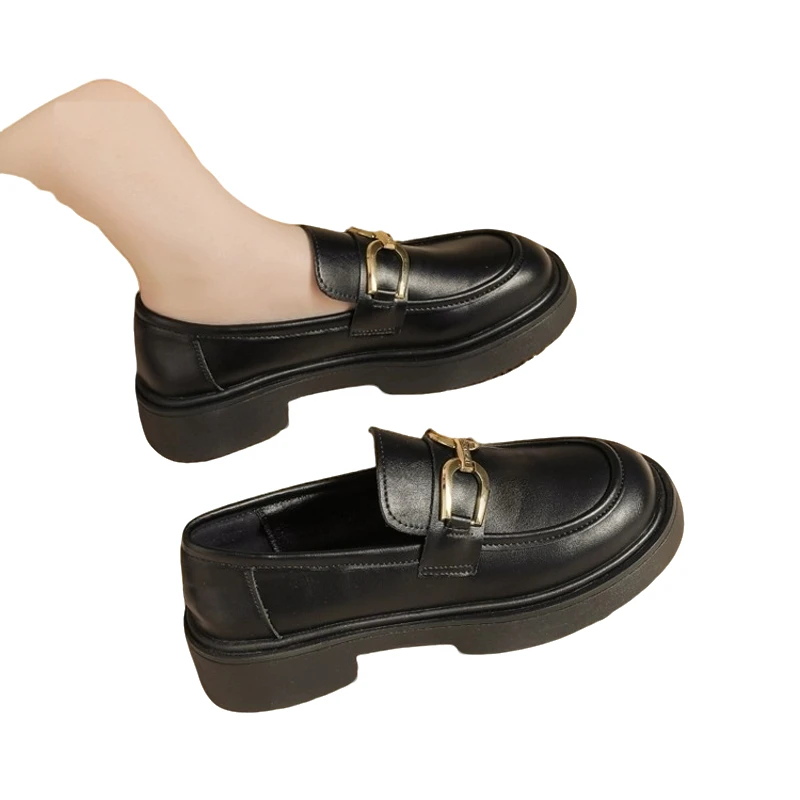 乐福鞋复古风春秋厚底英伦风粗跟头层牛皮舒适型