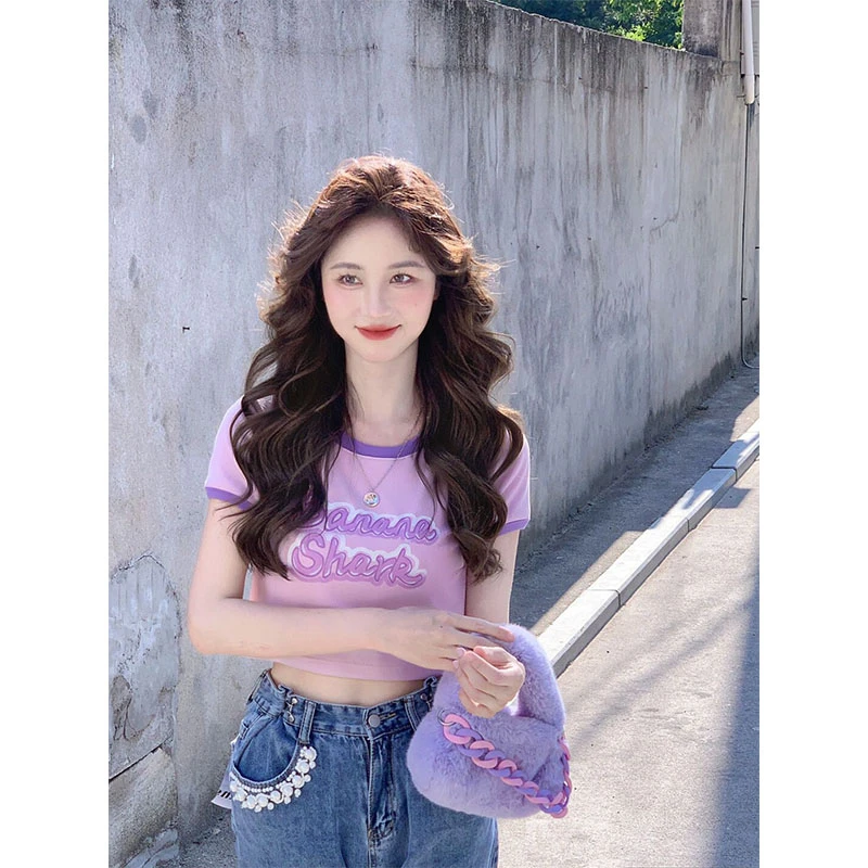 独特别致甜美撞色正肩短袖t恤女夏日多巴胺穿搭辣妹修身短款上衣