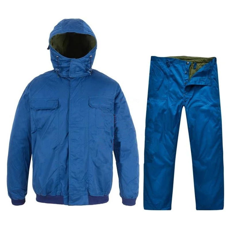 蓝色地勤棉服男款秋冬加厚防寒保暖棉衣棉裤户外骑行连帽防风棉服