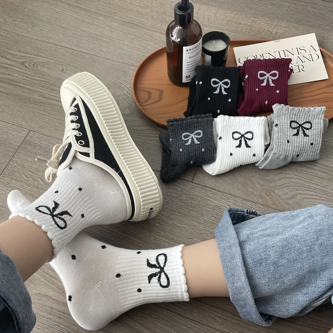 【8双装】秋冬季波点花边蝴蝶结中筒袜女袜可爱学院风日系网红袜子